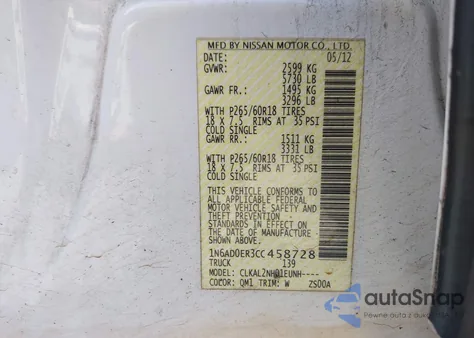 2012 Nissan Frontier Sv from USA, damaged, VIN 1N6AD0ER3CC458728